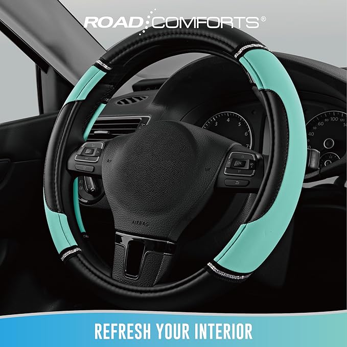 Road Comforts Leather Steering Wheel Cover - Made with PVC Leather - Anti-Slip, Universal Fit 14 1/2 inches to 15 inches - Mint