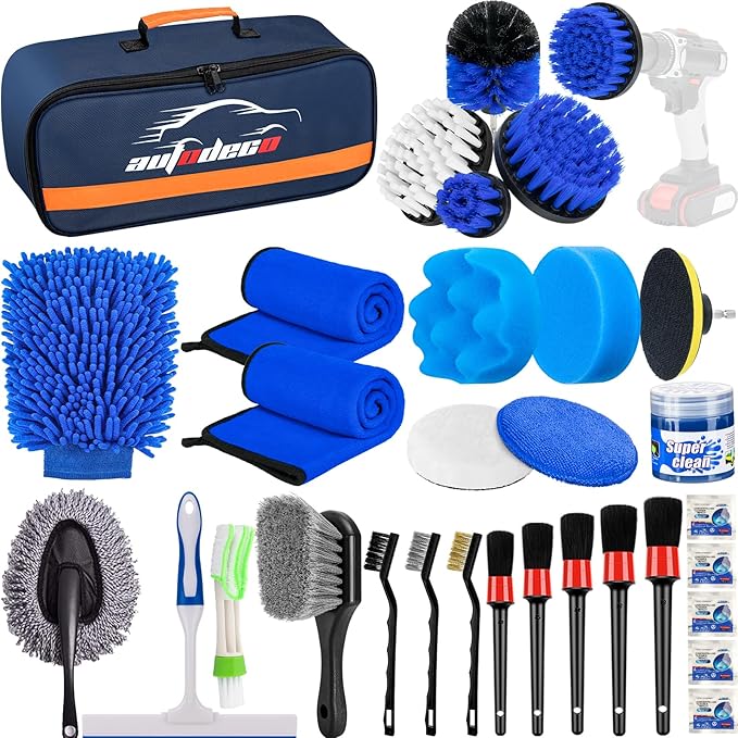 AUTODECO 31Pcs Car Detailing Brush Set, Car Detailing Kit, Auto Detailing Drill Brush Set, Car Detailing Brushes, Car Wash Cleaning Tools Kit for Interior, Exterior, Wheels, Blue