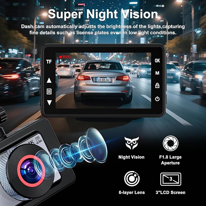 Dash Cam Front and Rear, 4K Ultra HD Dash Camera for Cars, 64GB Card Included, Built-in 5G WiFi Mobile APP Control, 3" IPS Screen,Super Clear Night Vision, 170°Wide Angle,G-Sensor, 24H Parking Monitor