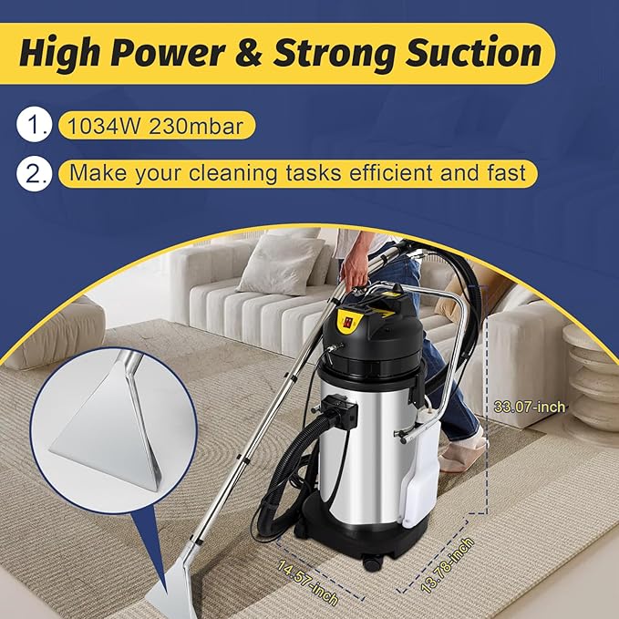 110V 40L Carpet Cleaner Machine Deep Cleaner, Commercial Carpet Cleaning Machine with Water Vacuuming Head&Round Brush, Portable Wet Dry Curtain Fabric Dust Cleaner for Hotels, Guest Houses