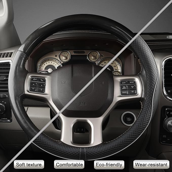 West Llama Customized Auto Car Steering Wheel Cover for Dodge RAM 1500 2500 3500, 15.5-16 inch (Black+Gray Line-Large Size)
