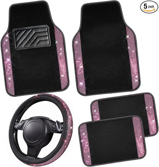 CAR PASS Bling Diamond Leather Steering Wheel Cover 14.5in-15in Floor Mats Shining Rhinestone Carpet Sparkly Glitter Crystal Anti-Slip Pad Fit Automotive SUV Pickup Truck Girl Women, 5pcs Black Pink