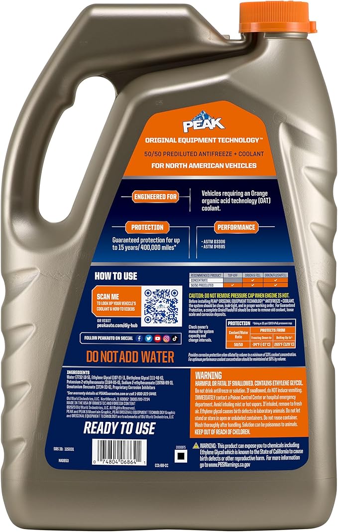 PEAK OET Extended Life Orange 50/50 Prediluted Antifreeze/Coolant for North American Vehicles, 1 Gal.