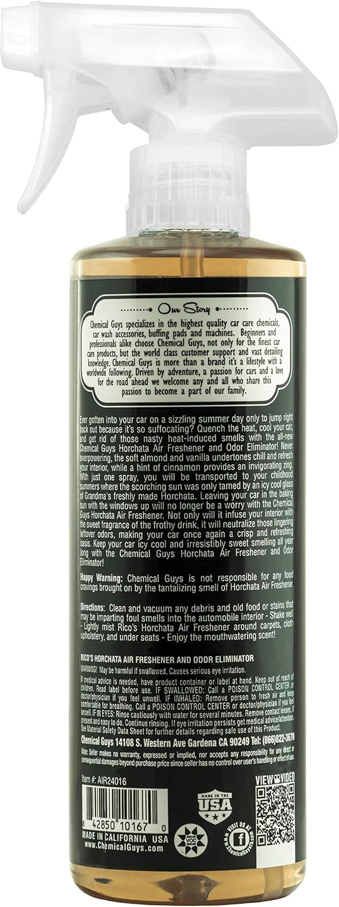 Chemical Guys AIR24016 Rico's Horchata Scent Premium Air Freshener and Odor Eliminator, (Great for Cars, Trucks, SUVs, RVs, Home, Office, Dorm Room & More) 16 fl oz