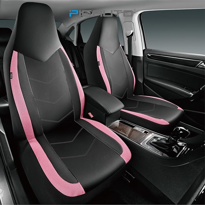 PIC AUTO Leather Car Seat Covers, Sports Carbon Fiber & Mesh Design, High-Back Front & Rear Full Set, Waterproof Automotive Seat Covers, Airbag Compatible, Universal Fit for Most Cars (Black & Pink)