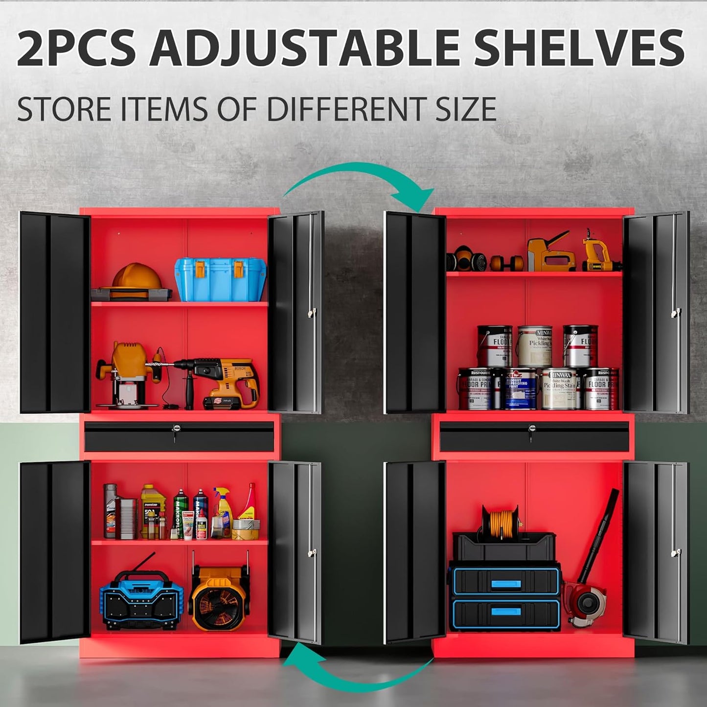 Metal Storage Cabinet with Drawer and Lock,Garage Storage Cabinet with Locking Doors and Shelves,71" Black Red Metal Cabinets,Lockable Steel Tool Cabinets for Garage,Home,Office,Shop