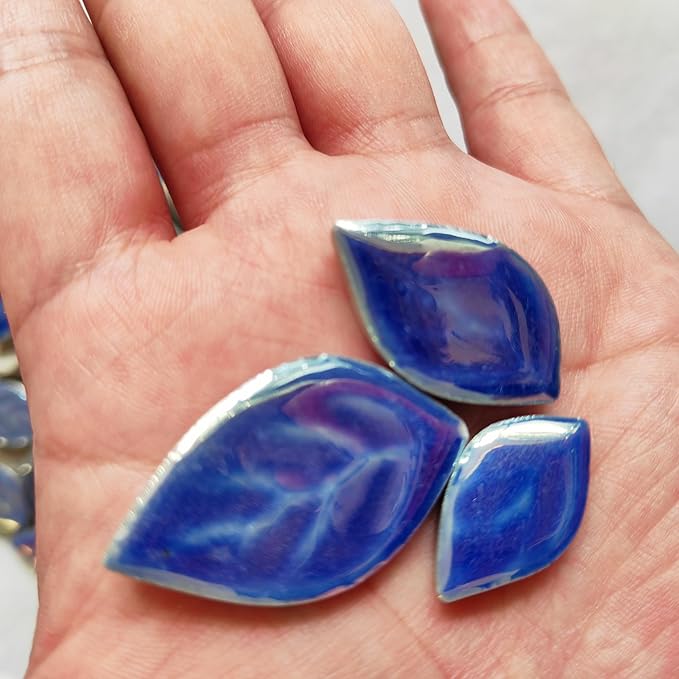 1.1LB Iridescent Leaves Ceramics Mosaic Tiles,Making Creative 3 Size Ceramic Mosaic Pieces for DIY Craft,Flowerpots,Vases,Cups,Garden Decor Mosaic Making Supplies (Navy Blue)