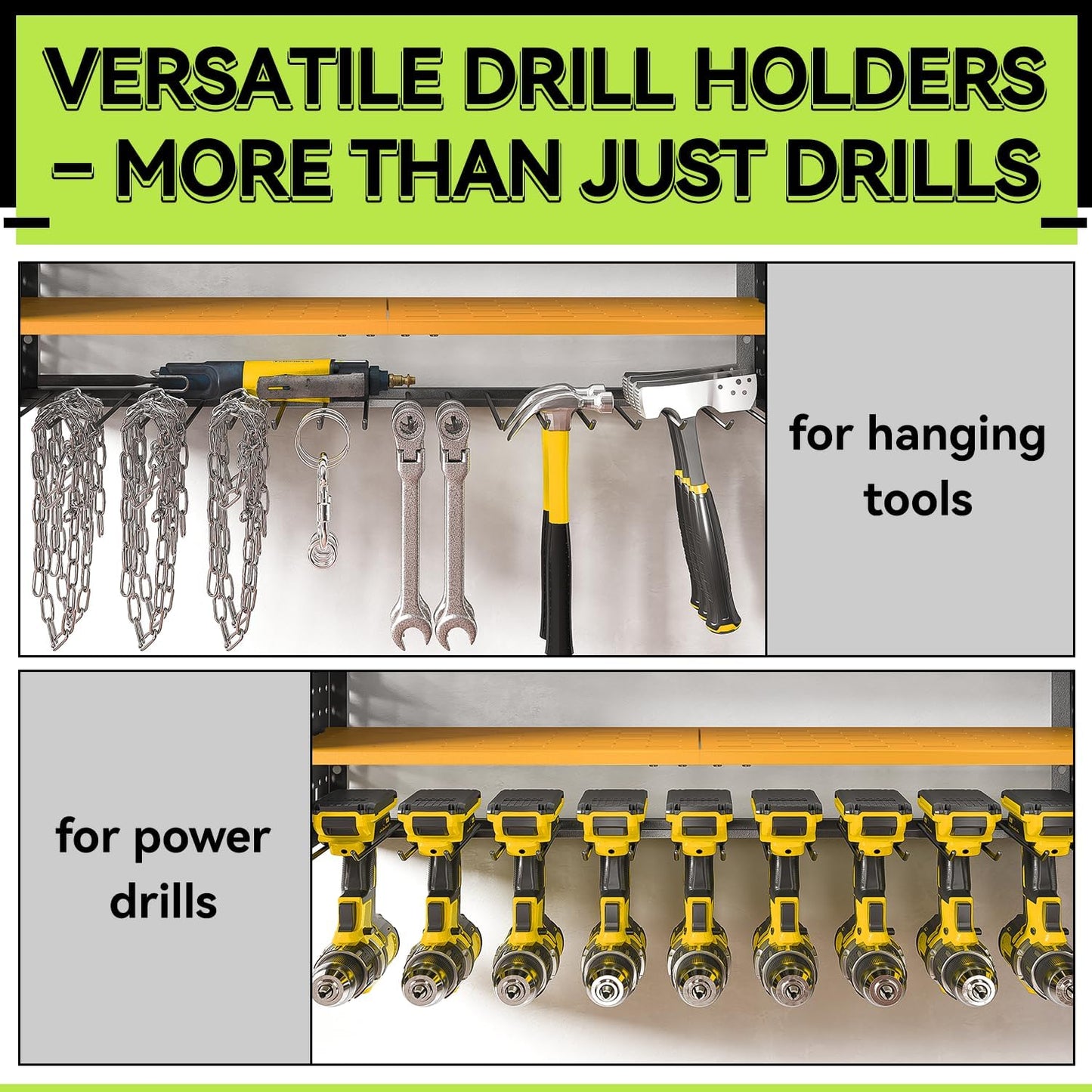 KAFAHOM Power Tool Organizer with Charging Station,9 Drill Holder Wall Mount,4 Layer Durable Metal Cordless Drill Storage for Garage Organization,Battery Tool Rack Built in 7 Outlet Power Strip-Yellow