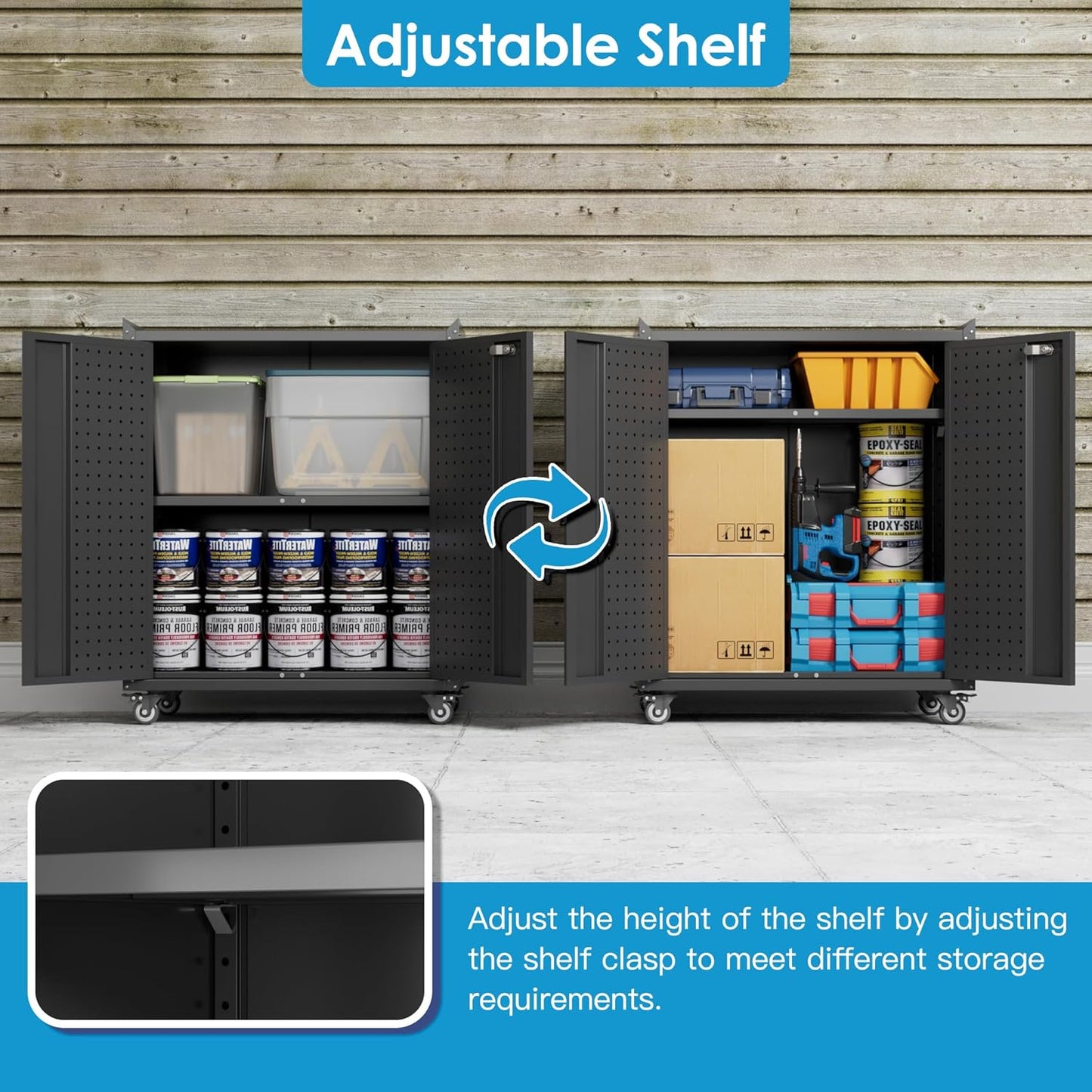 Metal Storage Cabinet with Wheels, Rolling Storage Cabinet with 2 Doors and Adjustable Shelves, Pegboard and 4 Hooks, Suitable for Garage, Home, Office, School, Black