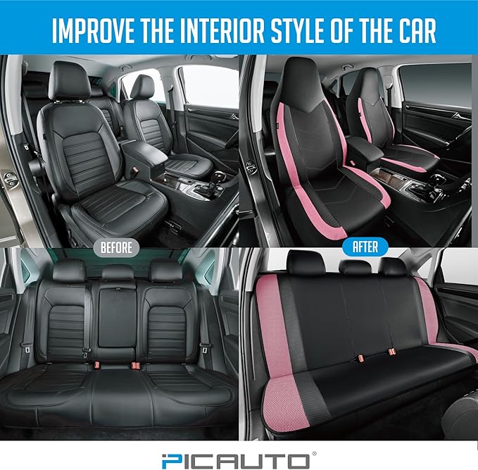 PIC AUTO Leather Car Seat Covers, Sports Carbon Fiber & Mesh Design, High-Back Front & Rear Full Set, Waterproof Automotive Seat Covers, Airbag Compatible, Universal Fit for Most Cars (Black & Pink)