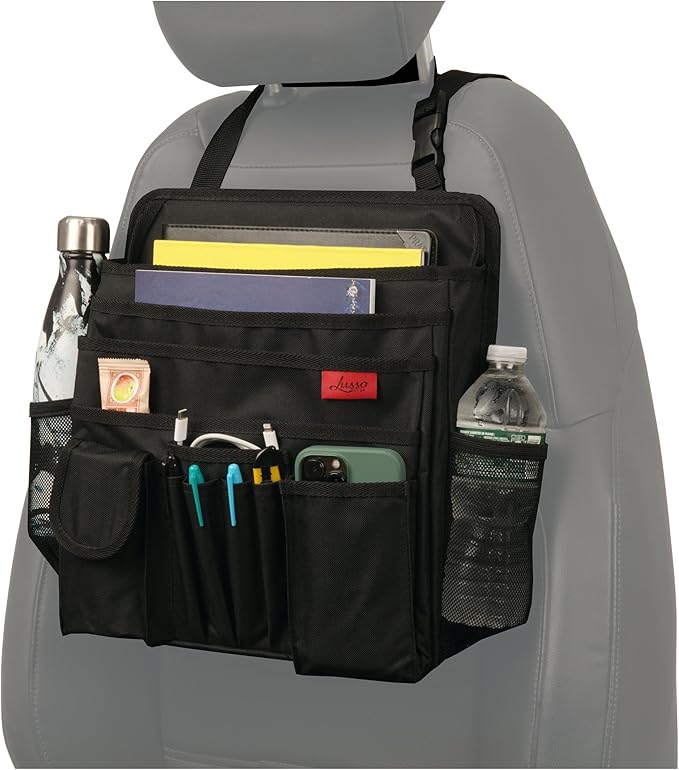 Lusso Gear Headrest Carseat Organizer - Black Oxford - Hanging Mount Travel Car Caddy Organizer Hangs on Seat, Document & Laptop Holder With Reinforced Corners - Fits Trucks & SUVs