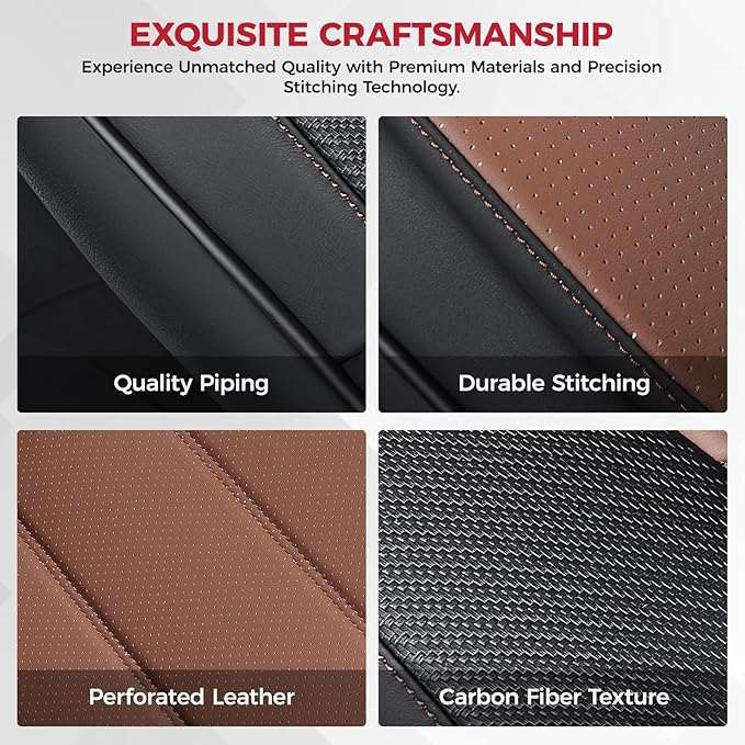 FREESOO Black Brown Front Car Seat Covers - Faux Nappa Leather Seat Covers for Cars, with Carbon Fiber Texture Seatbelt Pads, Ultra Cushion Protectors Fit for Most Vehicles Sedans SUV Trucks Maverick