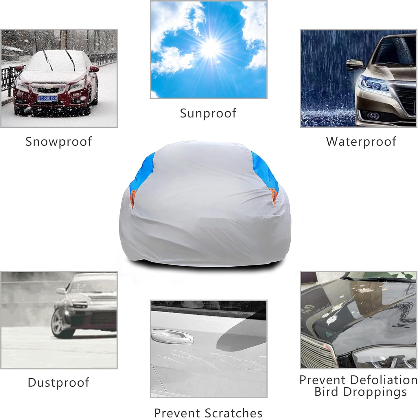 MORNYRAY Waterproof Car Cover All Weather Snowproof UV Protection Windproof Outdoor Full car Cover, Universal Fit for Sedan (Silvery, Fit Hatchback Length(Up to 173 inch)