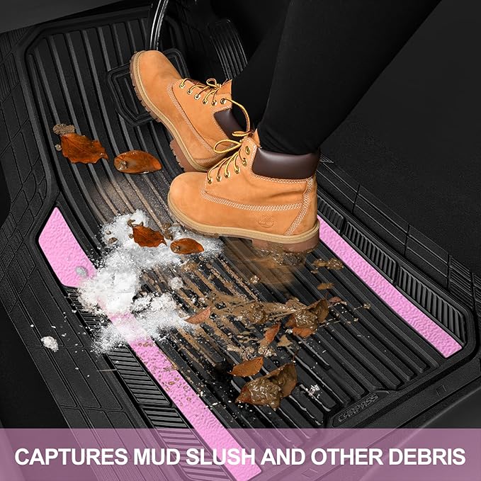 CAR PASS Heavy Duty Rubber Car Mats Metallic, Aluminum Film Cute All Weather Floor Mats Waterproof Universal Trim to Fit for SUV Sedan Van 4 Piece Deep Dish Two-Tone Sporty Black Light Pink Chrome