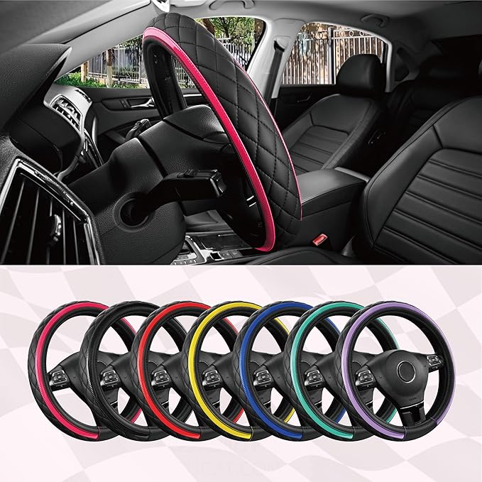 Road Comforts Leather Steering Wheel Cover – Black & Hot Pink, Universal Fit 14.5-15 Inch, Microfiber Leather, Anti-Slip & Breathable Design for Men and Women