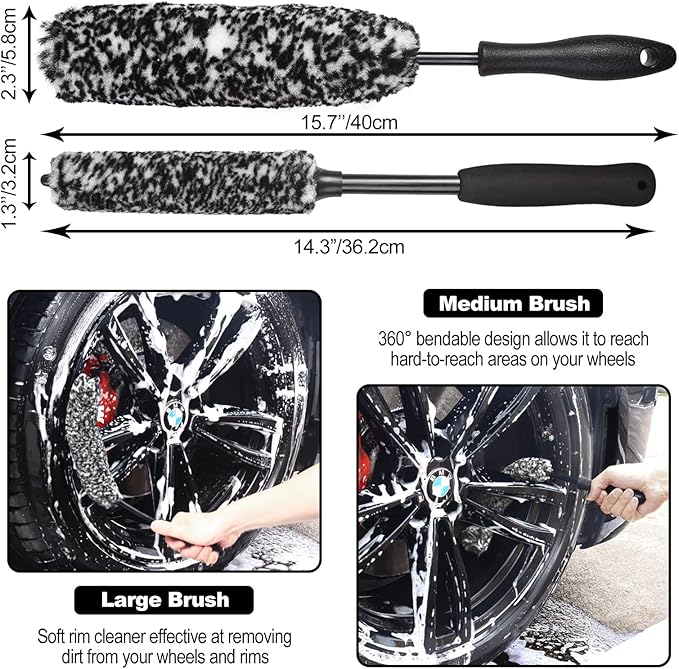 NIKCOSMK 3PCS Wheel Brush Kit for Cleaning Wheel and Tire, Wheel and Rim Brush, Car Detailing Brushes, Bendable & Durable Car Wheel Rim Cleaner Brush Set,Car Detailing Cleaning Brush Supplies Kit