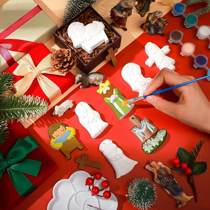 TecUnite 28 Pcs Ceramic to Paint Christmas Ornament Crafts Adults Unpainted DIY Ceramic Figurines Decorate and Paint Your Own Ornaments Kits DIY Craft Xmas Holiday Activities(Religious)