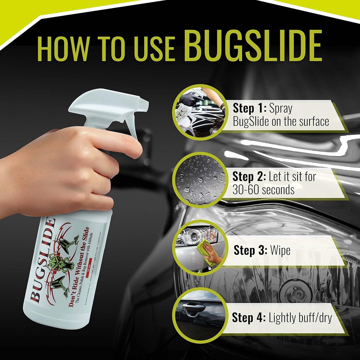 BugSlide 32 Oz Car Detailing Kit with Microfiber Towel – Exterior or Interior Car Cleaner and Waterless Detailer Spray – Clean, Polish, Shine, and Degrease, Never Wax Again – Easy to Use