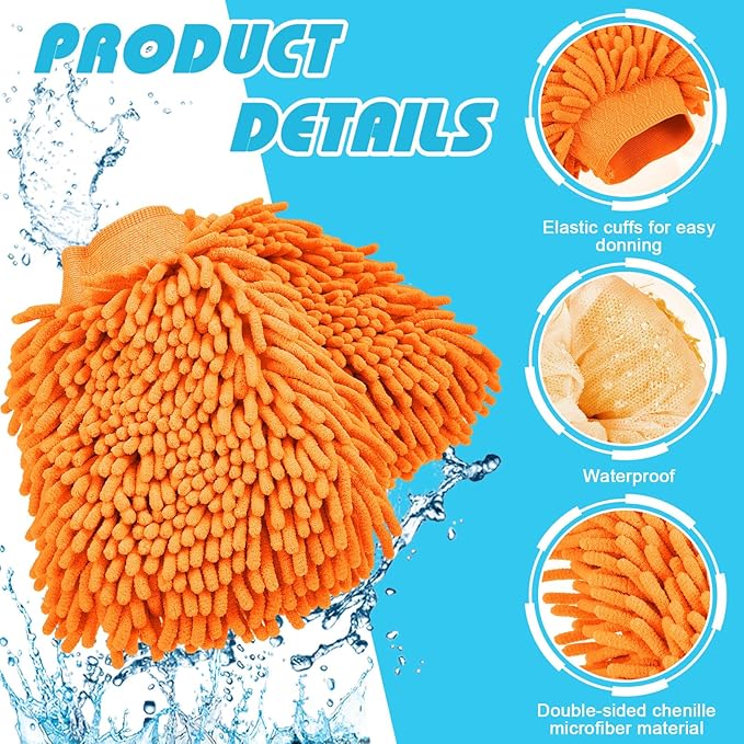 Toulite 16 Pcs Car Wash Mitt Chenille Microfiber Wash Mitt Double Sided Glove Cleaning Drying Mitts(7.48 x 10.24 Inch,Orange)