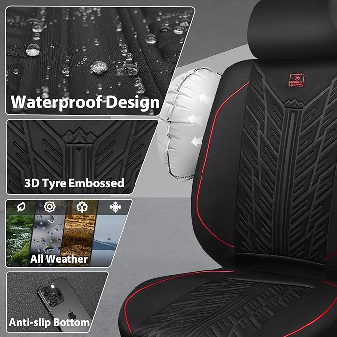CAR PASS Waterproof Car Seat Covers Front Seats,Neoprene Seat Covers 3D Tyre Embossed,All-Weather Automotive Seat Cover Non-Slip Durable,Universal Fit for SUVs Cars Trucks, Airbag Compatible,Black Red