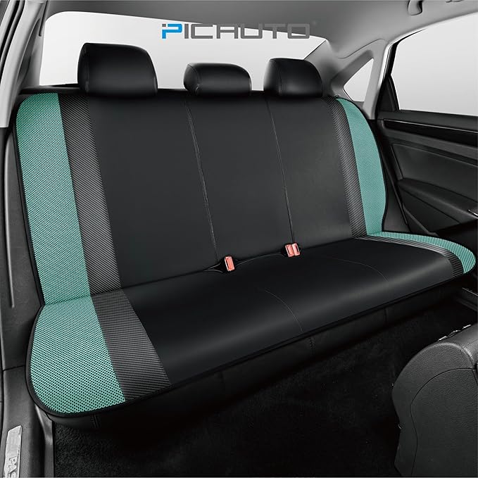 PIC AUTO Leather Car Seat Covers, Sports Carbon Fiber & Mesh Design, High-Back Front & Rear Full Set, Waterproof Automotive Seat Covers, Airbag Compatible, Universal Fit for Most Cars (Black & Mint)