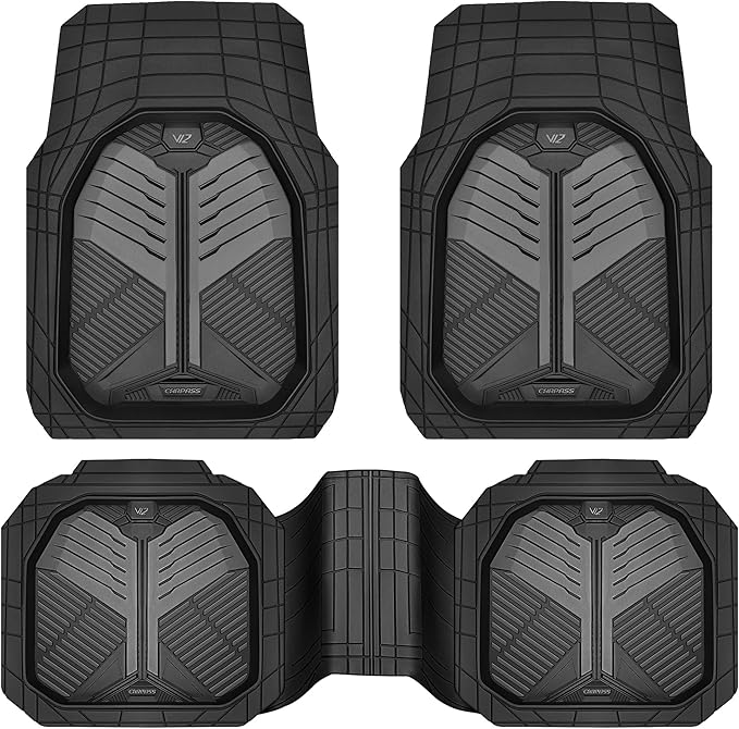 CAR PASS Heavy Duty Rubber Car Mats, Deep-Dish Car Floor Mats All Weather, Universal Two-Tone Trim-to-Fit for SUVs Trucks Sedans, Waterproof Anti-Slip, 3 Pieces V12 Black and Charcoal