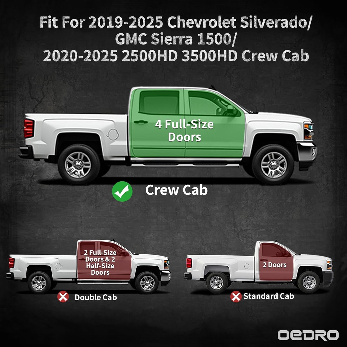 OEDRO Running Boards Compatible with 2019-2025 Chevy Silverado/GMC Sierra 1500, 2020-2025 2500HD 3500HD Crew Cab(Excl. 2019 1500 LD/Limited), Bolt-on Side Steps Steel Nerf Bars