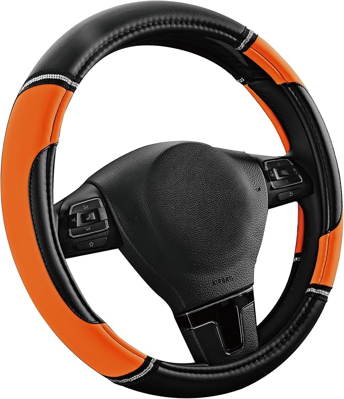 Road Comforts Leather Steering Wheel Cover - Made with PVC Leather - Anti-Slip, Universal Fit 14 1/2 inches to 15 inches - Orange