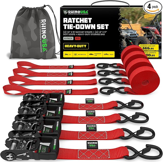 Rhino USA Ratchet Straps Heavy Duty Kit (4-Pack) - 1.6 Inch x 15 Feet Min Break Strength (5,000) - Ultimate Tie Down Straps with Safety S Hooks for Trucks, ATV, UTV, Motorcycle, Cargo & More - Black
