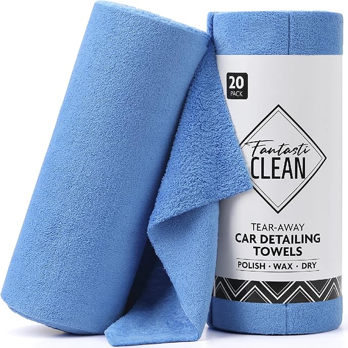 Fantasticlean Microfiber Towels for Cars, Tear Away Car Detailing Cloth Roll, RV Boat Drying Polishing, Edgeless Plush, Coral Fleece, Ultra Absorbent, Scratch-Free, 14" x 14", 20 Pack (Blue)
