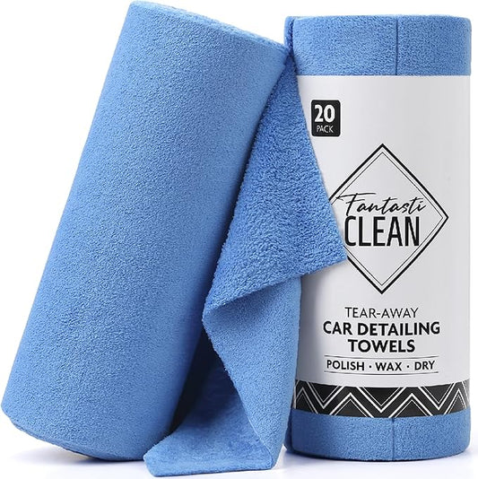 Fantasticlean Microfiber Towels for Cars, Tear Away Car Detailing Cloth Roll, RV Boat Drying Polishing, Edgeless Plush, Coral Fleece, Ultra Absorbent, Scratch-Free, 14" x 14", 20 Pack (Blue)