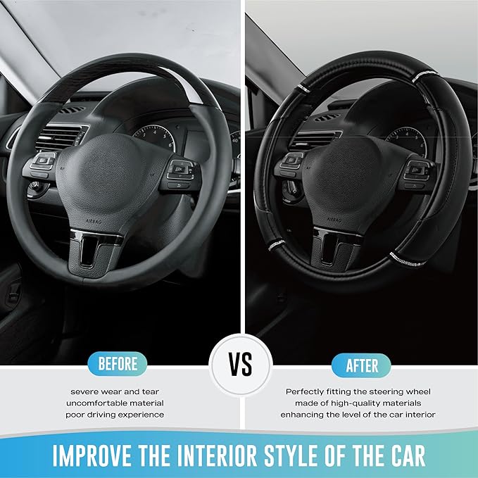 Road Comforts Leather Steering Wheel Cover - Made with PVC Leather - Anti-Slip, Universal Fit 14 1/2 inches to 15 inches - Black