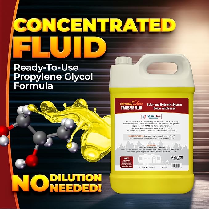Century Heat Transfer Fluid, Non-Corrosive, Non-Toxic Propylene Glycol RV Antifreeze for Heating Systems | Ready to Use | Recomended by Aqua-Hot, Oasis & Timberline. - Yellow (1 Gallon)