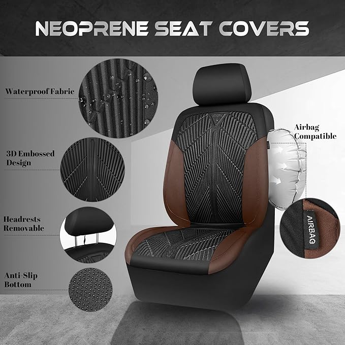 CAR PASS Waterproof Black Brown Car Seat Covers Front Seat Covers Neoprene Wetsuit,All-Weather Non-Slip Durable,Universal Fit for SUV Sedans Trucks Automotive,Airbag Compatible,3D Emboss Black Brown