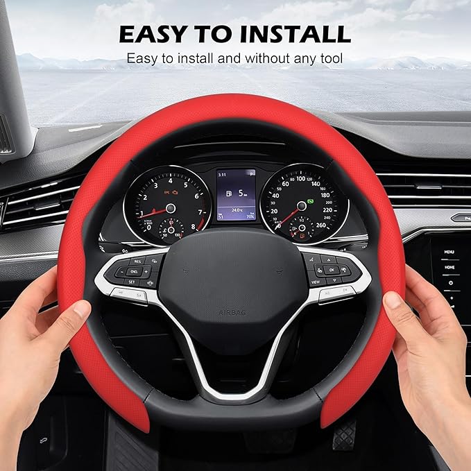 frani Nappa Leather Steering Wheel Cover, Universal 15 Inch Premium Non-Slip Steering Wheel Cover Red