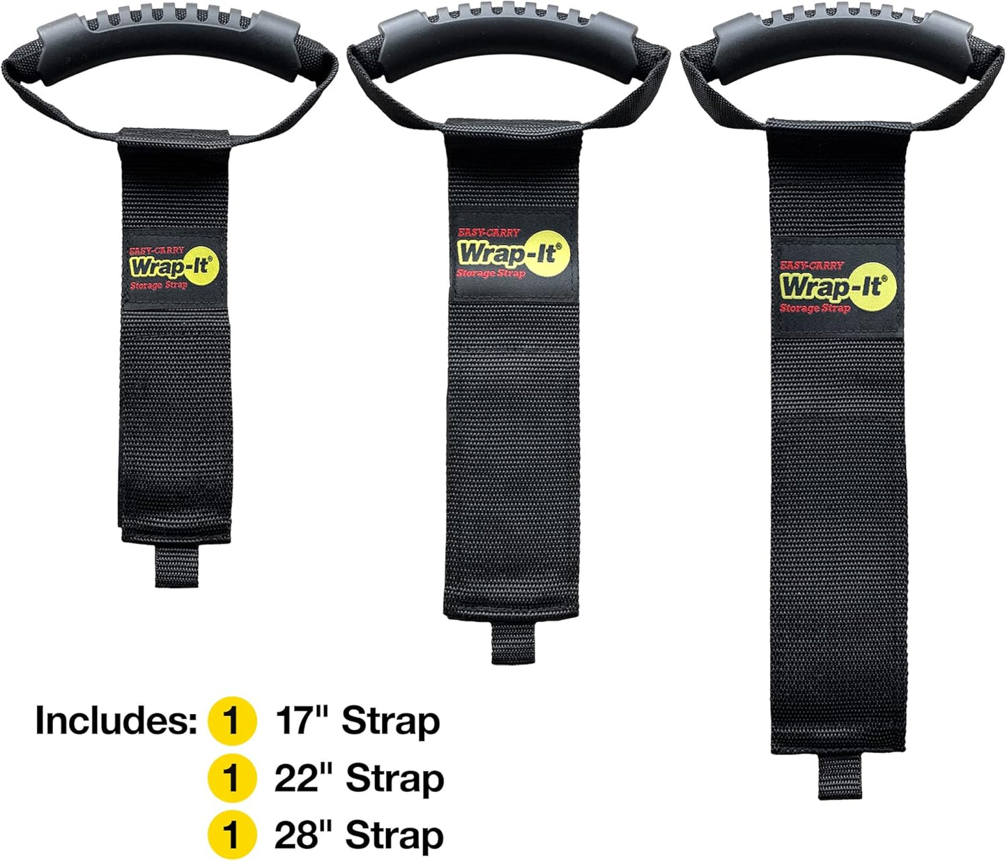 Wrap-It Storage Easy-Carry Straps - Assorted 3-Pack Black – Hook and Loop Straps with a Carrying Handle for Garden Hose, Extension Cord, Cable, Garage, Boat, RV Accessories Organization