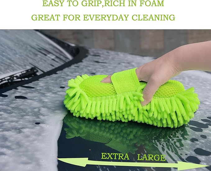 Microfiber Car Wash Sponge-Non-Scratch Wash Mitt-Two Sided Chenille Microfiber Washing Sponge-Mitt for Cars, Trucks, SUVs, Boats(2 Pack Green)