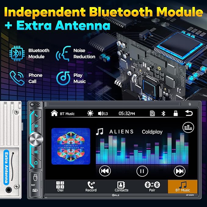 PLZ 7" Wireless Double Din Car Stereo Apple Carplay Radio Screen for Car Audio Receivers, Bluetooth 5.3 Car Play Android Auto Touchscreen, 240W 4.2 CHN 2 Subwoofers Outputs, Backup Camera, SWC, FM/AM
