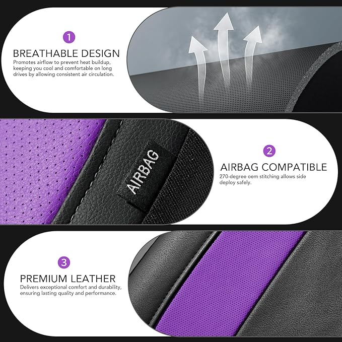 Road Comforts Car Seat Cover, Leather Car Seat Covers, Automotive Low Back Car Seat Covers, Airbag Compatible, Universal Fit for Most Cars (Purple)