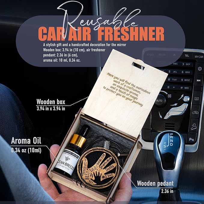 Wood Car Air Freshener — Handcrafted Air Freshener — Father’s Hands Fragrance Oil Diffuser in Wooden Gift Box — Christmas Gift for Car with Ocean Breeze Scent Fragrance Oil - 10 ml