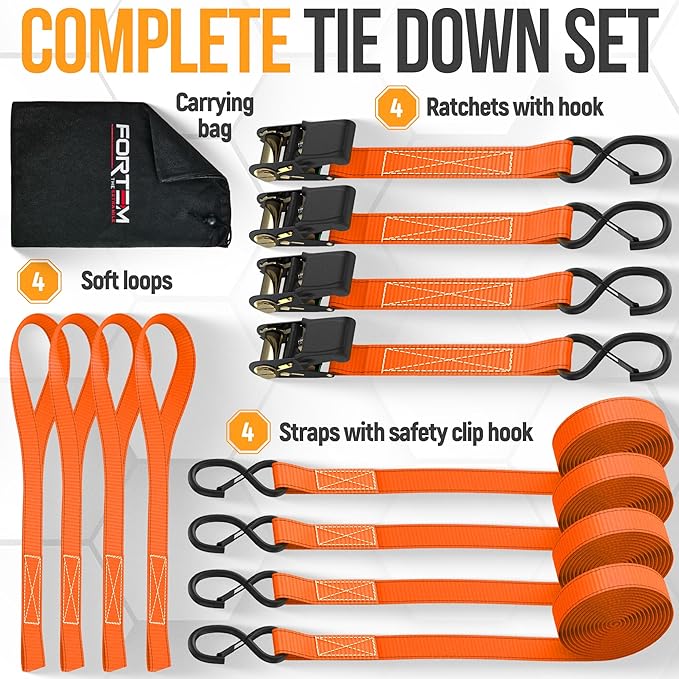 FORTEM Ratchet Straps, Tie Down Strap Set 2300lb Break Strength, 4 Pack 15ft x 1in, 4 Soft Loops, Moving Straps Tie Downs, Cargo Cam Buckles for Trucks, Carry Bag, for Men