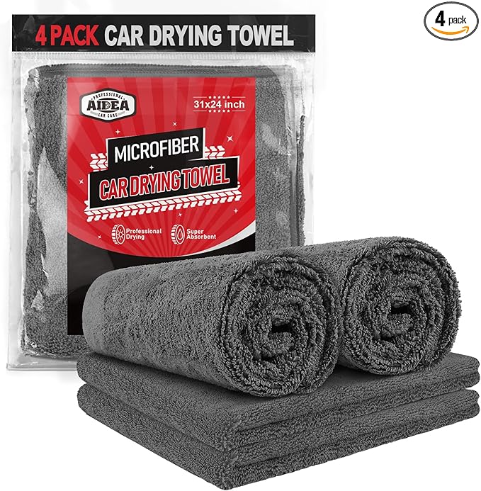 AIDEA Microfiber Towels for Cars-4PK, Large Professional Car Drying Towel, Scratch-Free & Absorbent Drying Towel for Cars, SUVs, RVs, Trucks, and Boats, 24inx 31in, Grey