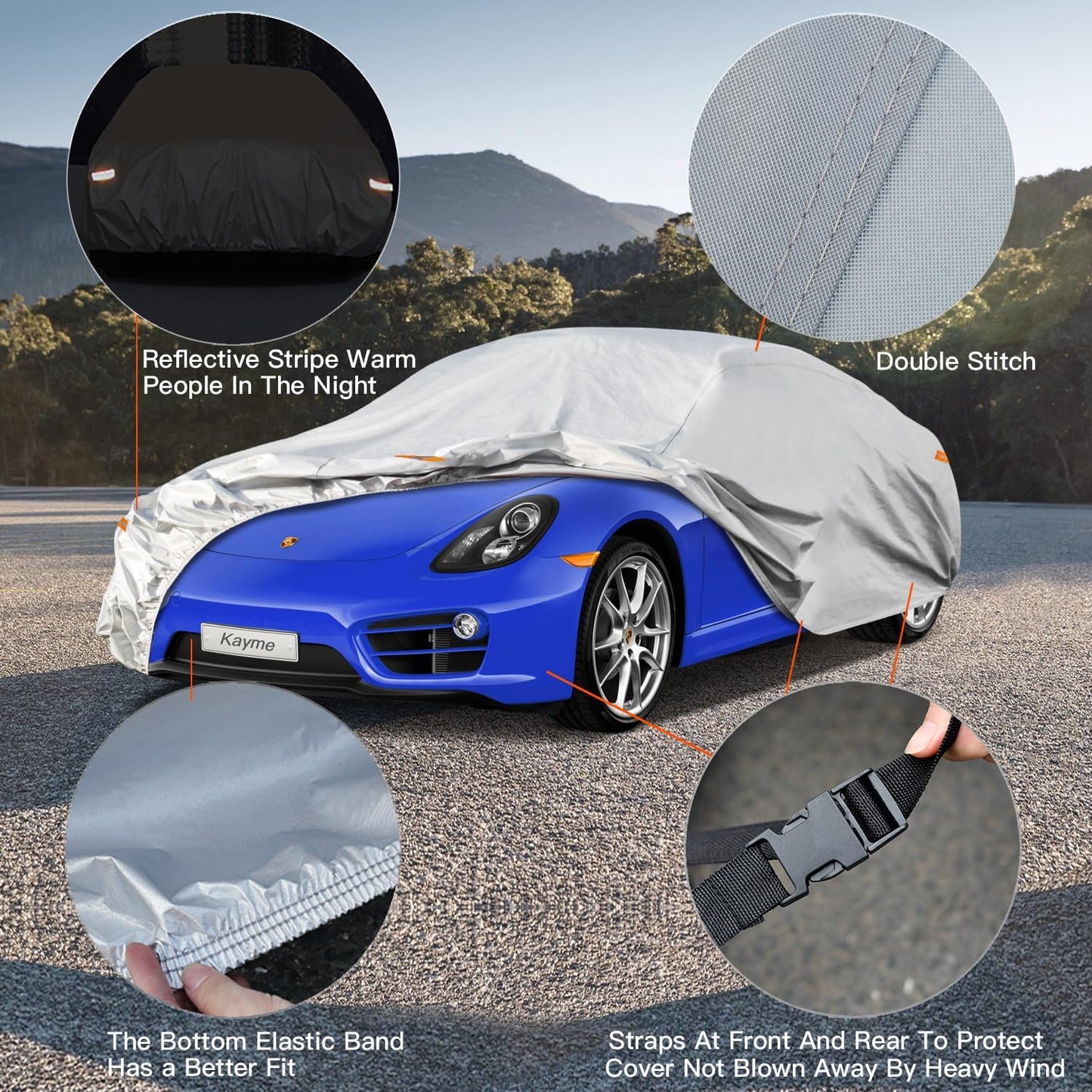Kayme 6 Layers Car Cover Waterproof All Weather for Automobiles, Outdoor Full Cover Rain Sun UV Protection, Universal Fit for Nissan Versa/350Z/370Z, Porsche 718 Cayman, Dodge Viper (Up to 177 inch)