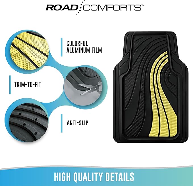 Road Comforts Car Floor Mats Full Set – Front & Rear Car Floor Mats with Aluminum Design, Anti-Slip Backing, All-Weather Protection, Trim-to-Fit Car Mats for Most Sedans, SUVs & Vans - Yellow