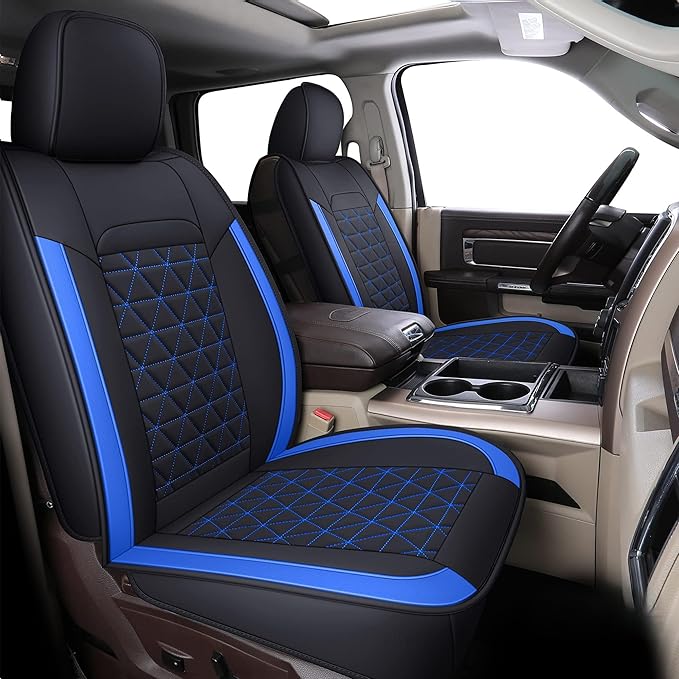 Coverado RAM Seat Cover Full Set, Leather Seat Covers Fit for Dodge RAM 1500, Truck Seat Covers Custom Fit for 2002-2025 Dodge RAM 1500 2500 3500 Crew Quad Cab with Curved Bench, Blue