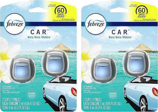 Febreze Car Odor Eliminating Freshener Vent Clip, Bora Bora Waters, 2 count (Pack of 2), White
