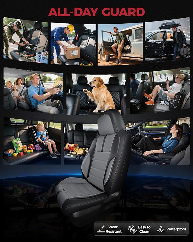 FREESOO Black Gray Car Seat Covers Full Set - Faux Nappa Leather Seat Covers for Cars, with Front Seatbelt Pads, Luxury Waterproof Cushion Protector Accessories Fit for Most 5 Seats Sedans SUV Trucks