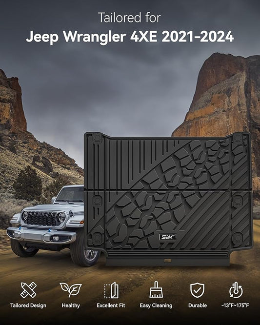 3W Backrest Liner & Cargo Liner for Jeep Wrangler 4XE 2021-2024 2025 (Non JL/JK), All Weather TPE Rubber Heavy Duty Car Liner Trunk Mat Wrangler 4XE Accessories (Hybrid & 4 Door with Subwoofer)
