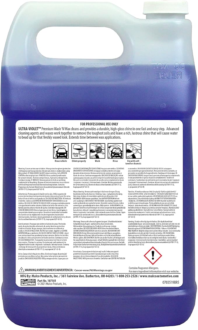 Malco Ultra Violet Premium Wash'n Wax – Best 2-In-1 Car Wash and Wax/Cleans and Provides A Durable, High-Gloss Shine in One Fast and Easy Step / 1 Gallon (107101)
