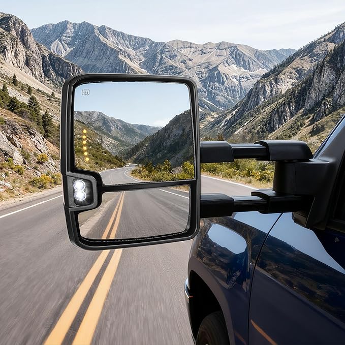 DWVO Telescoping Towing Mirrors for Chevy Silverado GMC Sierra 2007-2014, 2500HD 3500HD Tahoe Suburban Avalanche Yukon XL Denali, Power Heated Folding Mirrors with Turn Signal & Spot Light